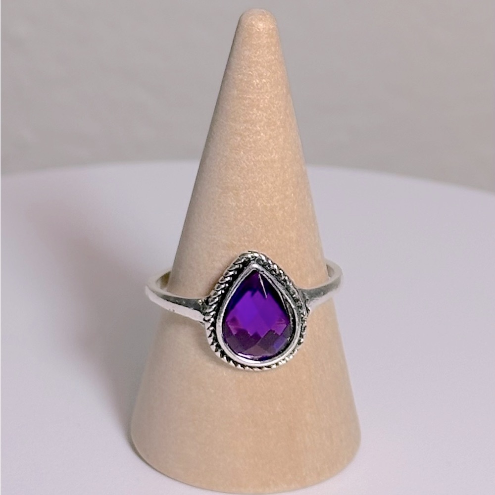 New Purple Amethyst Stone Silver Ring Size 8 Gift Bag Jewelry Cleaning Cloth